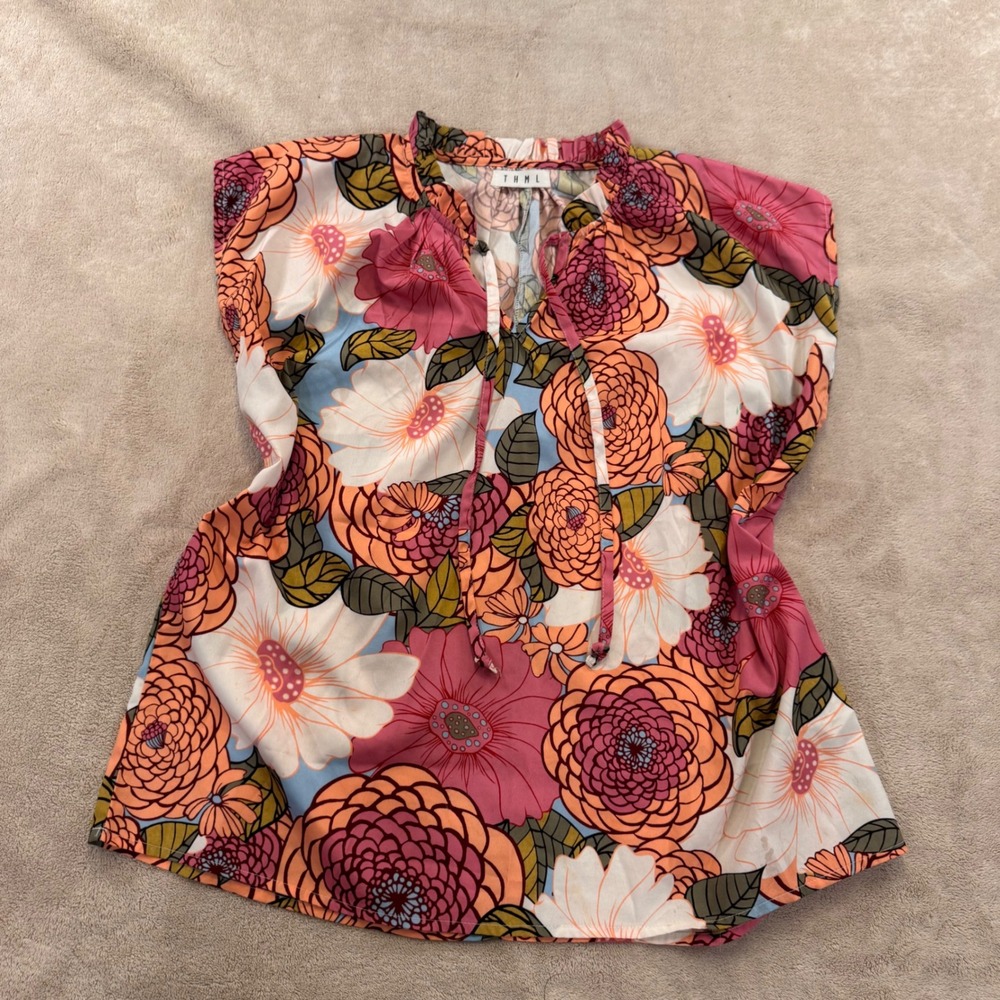 THML Floral Ruffle Neck Boho Coastal Cottagecore Chic Resort Summer Top Sz M - Picture 2 of 9